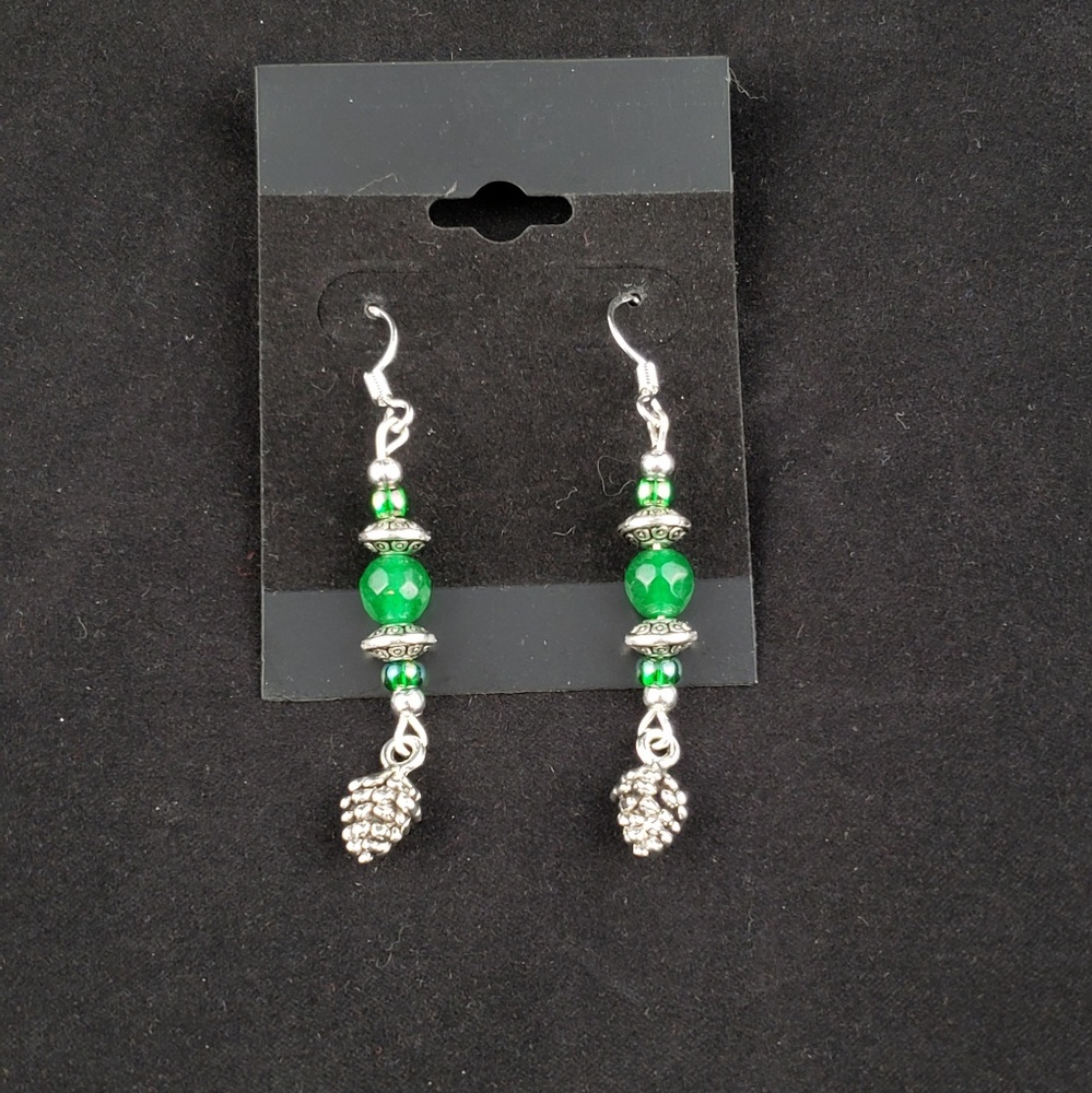 Green Jade Silver Pinecone Holiday Earrings